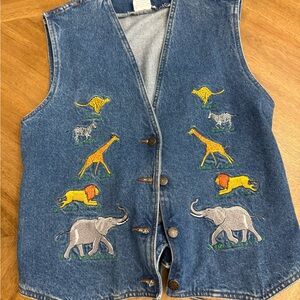 Vintage 90s Y2K Embroidered Denim Vest with Safari Animals by casey coleman
